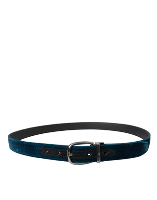 Dolce &amp; Gabbana Blue Velvet Leather Silver Metal Buckle Belt