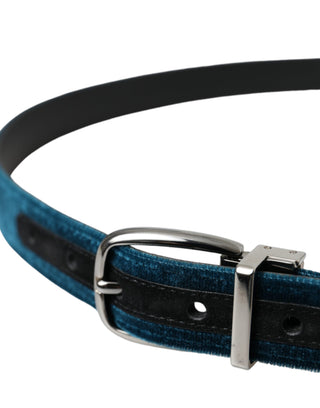 Dolce &amp; Gabbana Blue Velvet Leather Silver Metal Buckle Belt