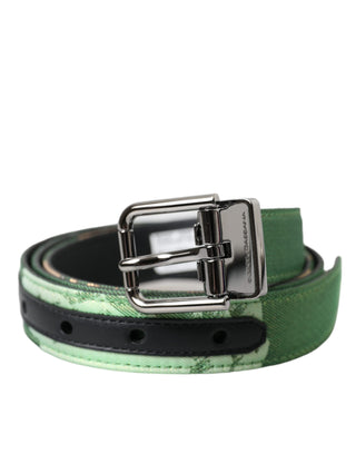 Dolce &amp; Gabbana Green Leather Jacquard Silver Metal Buckle Belt