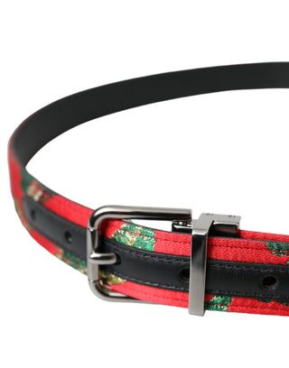 Dolce &amp; Gabbana Red Leather Jacquard Silver Metal Buckle Belt