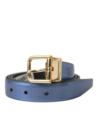 Dolce &amp; Gabbana Metallic Blue Leather Gold Metal Buckle Belt