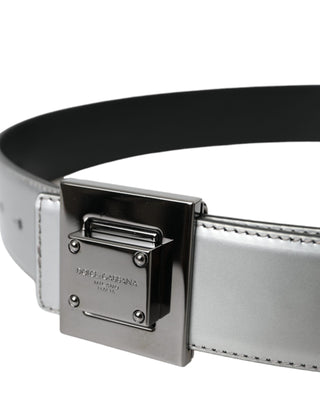 Dolce &amp; Gabbana Silver Leather Square Metal Buckle Belt