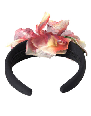 Dolce &amp; Gabbana Rose Pink Silk Floral Black Tiara Women Hairband Diadem