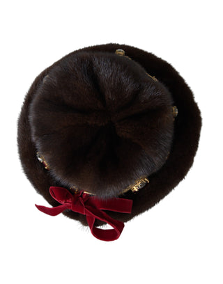 Dolce &amp; Gabbana Dark Brown Mink Fur Gold Crystal Crown Hat