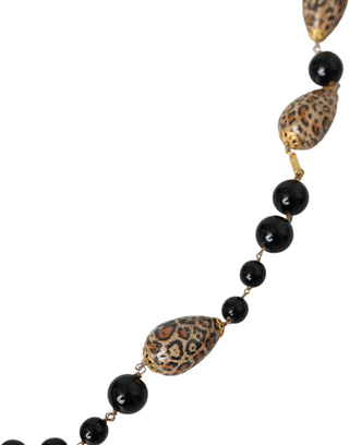 Dolce &amp; Gabbana Gold Tone Brass Black Printed Beaded Long Chain Necklace