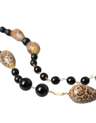 Dolce &amp; Gabbana Gold Tone Brass Black Printed Beaded Long Chain Necklace