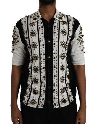 Dolce & Gabbana White Black Silk Studded Stone Crystal Shirt