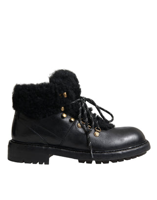 Dolce & Gabbana Black Leather Bernini Shearling Boots Shoes