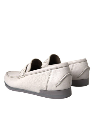 Dolce &amp; Gabbana White Gray Leather Slip Mocassin Shoes Loafer