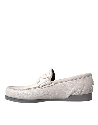 Dolce &amp; Gabbana White Gray Leather Slip Mocassin Shoes Loafer