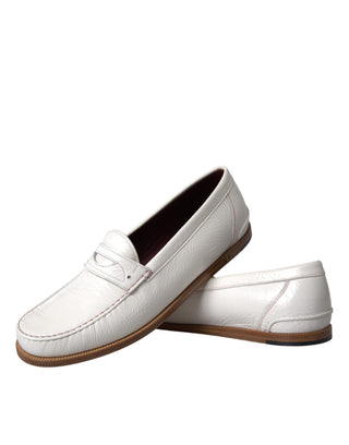 Dolce &amp; Gabbana White Leather Slip On Mocassin Loafers Shoes