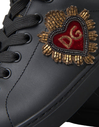 Dolce & Gabbana Black Leather Heart Embellished Sneakers Shoes