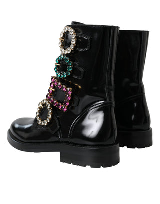 Dolce &amp; Gabbana Black Leather Crystal Buckles Boots Shoes