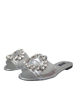 Dolce &amp; Gabbana Silver Crystal Leather Flat Sandals Shoes