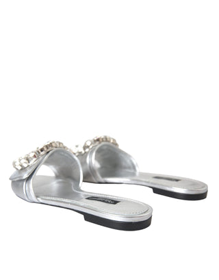 Dolce &amp; Gabbana Silver Crystal Leather Flat Sandals Shoes