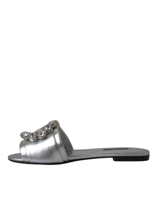 Dolce &amp; Gabbana Silver Crystal Leather Flat Sandals Shoes