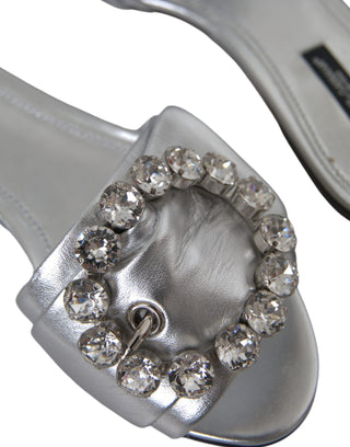 Dolce &amp; Gabbana Silver Crystal Leather Flat Sandals Shoes