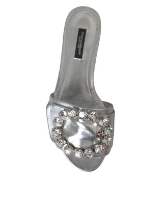 Dolce &amp; Gabbana Silver Crystal Leather Flat Sandals Shoes