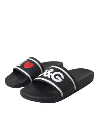 Dolce &amp; Gabbana Black Leather I Love D&amp;G Sandals Slides Shoes