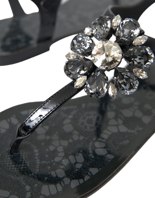 Dolce &amp; Gabbana Black Crystal Flats Sandals Flip Flops Shoes