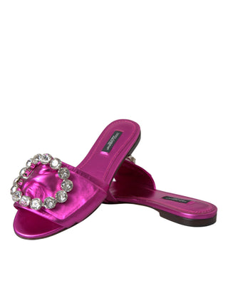 Dolce &amp; Gabbana Fuchsia Crystal Leather Flats Sandals Shoes