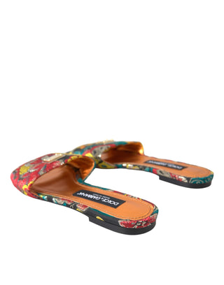 Dolce & Gabbana Multicolor Floral Brocade Logo Flats Sandals Shoes