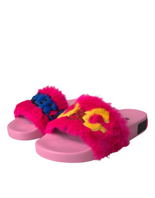 Dolce &amp; Gabbana Multicolor Embroidered Fur Slides Sandals Shoes