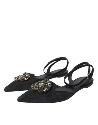 Dolce &amp; Gabbana Black Leather Crystal Slingback Sandals Shoes