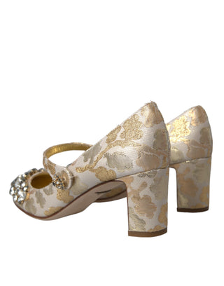 Dolce &amp; Gabbana Gold Jacquard Crystal Mary Janes Pumps Shoes