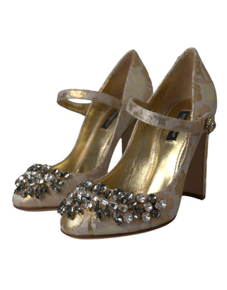 Dolce &amp; Gabbana Gold Jacquard Crystal Mary Janes Pumps Shoes