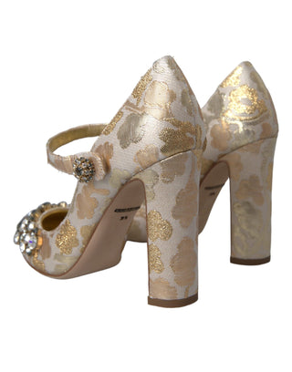 Dolce &amp; Gabbana Gold Jacquard Crystal Mary Janes Pumps Shoes