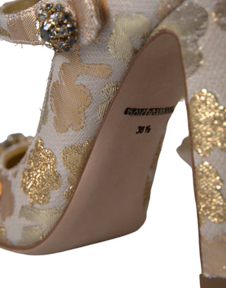 Dolce &amp; Gabbana Gold Jacquard Crystal Mary Janes Pumps Shoes