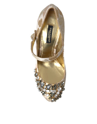 Dolce &amp; Gabbana Gold Jacquard Crystal Mary Janes Pumps Shoes