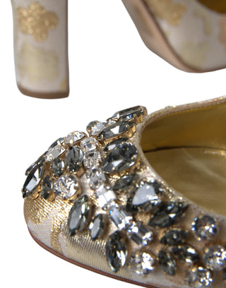 Dolce &amp; Gabbana Gold Jacquard Crystal Mary Janes Pumps Shoes