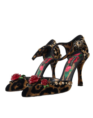 Dolce &amp; Gabbana Brown Leopard Floral Crystal Mary Janes Pumps Shoes