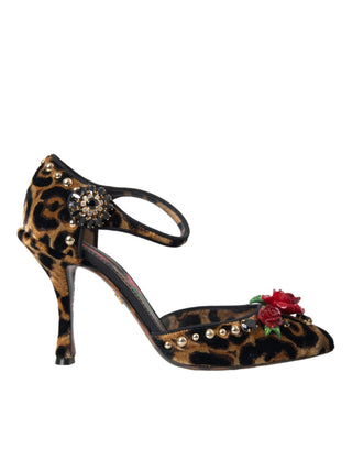 Dolce &amp; Gabbana Brown Leopard Floral Crystal Mary Janes Pumps Shoes