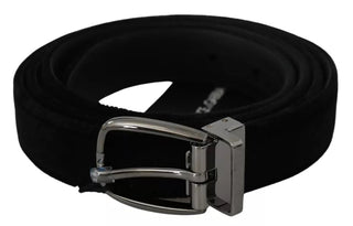 Dolce &amp; Gabbana Black Velvet Silver Tone Metal Buckle Men Belt