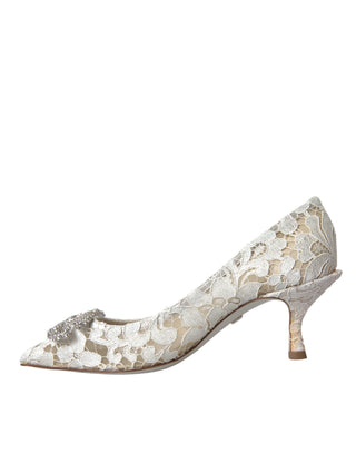 Dolce &amp; Gabbana White Floral Lace DG Crystal Pumps Shoes