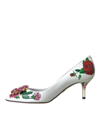 Dolce &amp; Gabbana White Leather Roses Crystal Bellucci Pumps Shoes