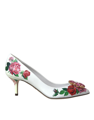 Dolce &amp; Gabbana White Leather Roses Crystal Bellucci Pumps Shoes