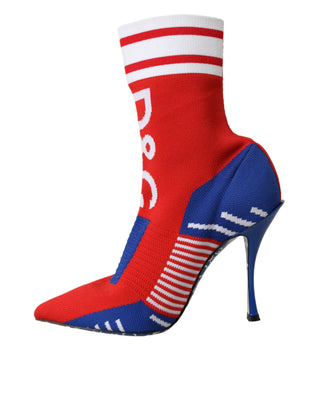 Dolce &amp; Gabbana Red Blue Stretch Sock Style Short Boots Logo Shoes