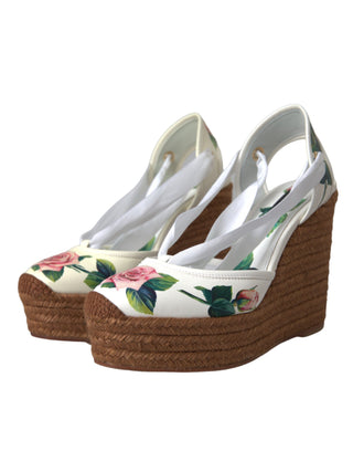 Dolce &amp; Gabbana White Floral Wedge Heels Sandals Shoes