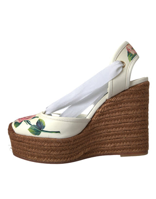 Dolce &amp; Gabbana White Floral Wedge Heels Sandals Shoes