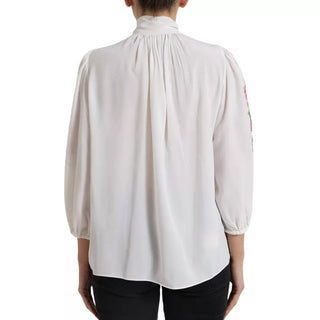 Dolce & Gabbana White Floral Silk Ascot Collared Top Blouse