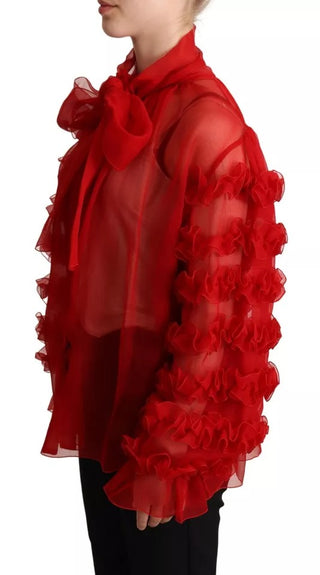 Dolce & Gabbana Red Silk Ascot Collar Ruffles Blouse Top