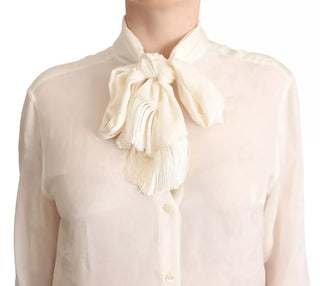 Dolce & Gabbana White Blouse Ascot Collar Shirt Silk Button Top