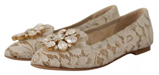 Dolce &amp; Gabbana Beige Lace Crystal Ballet Flats Loafers Shoes