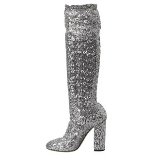 Dolce &amp; Gabbana Silver Sequined High Boots Stretch Shoes