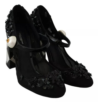 Dolce &amp; Gabbana Black Floral Embellish Heels Mary Janes Pumps Shoes