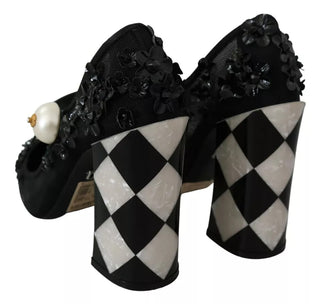 Dolce &amp; Gabbana Black Floral Embellish Heels Mary Janes Pumps Shoes